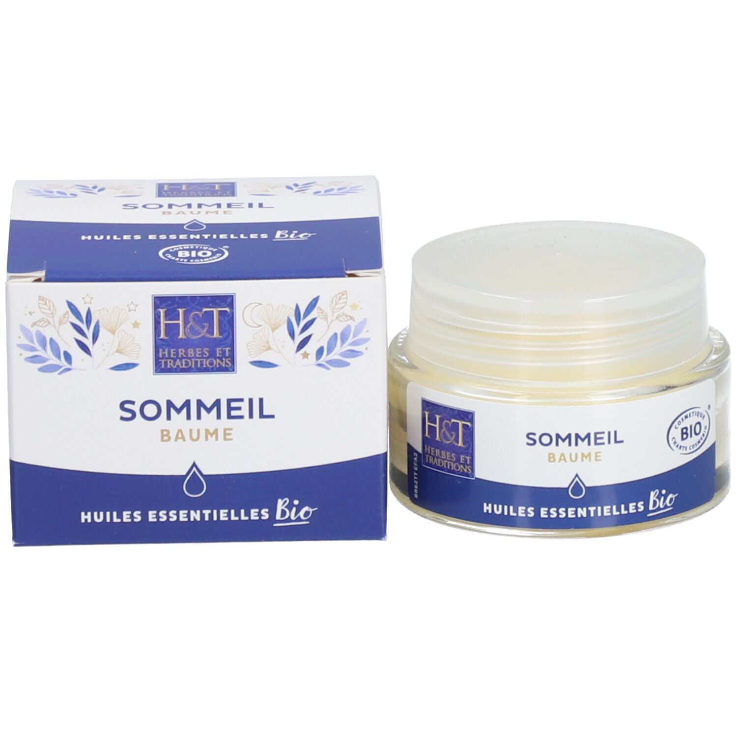 Emballage et pot en verre avec couvercle blanc. Inscription: H&T, SOMMEIL BAUME, Bio.