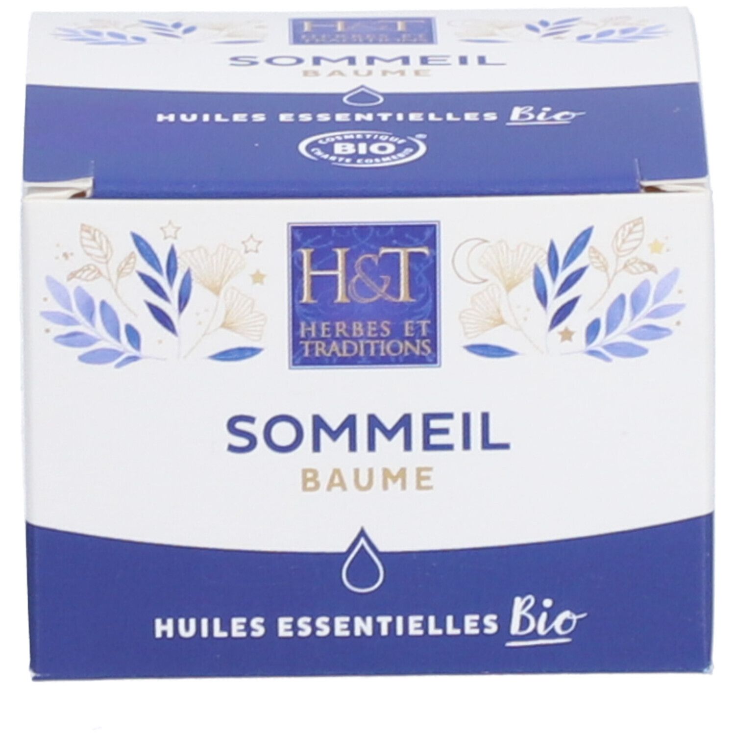 Emballage du produit. Inscription: H&T, SOMMEIL BAUME, certification Bio.