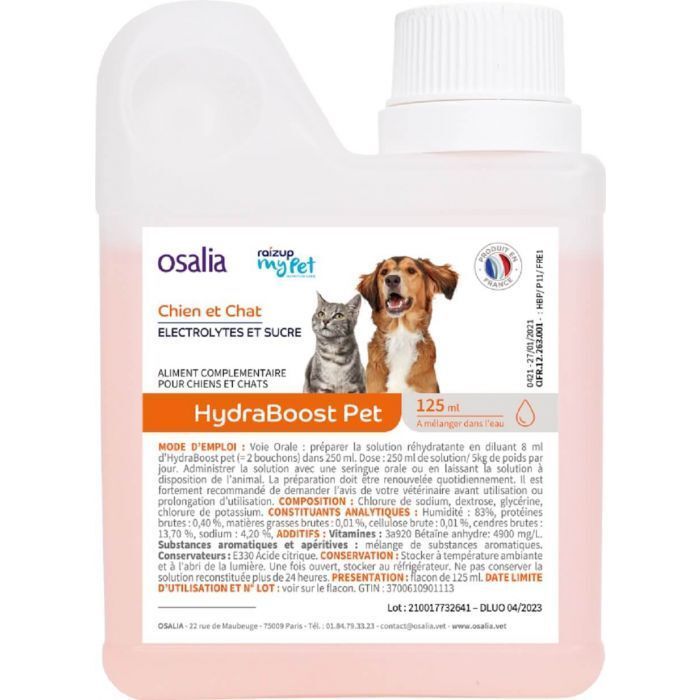 Flacon de HydraBoost Pet pour chiens et chats. Contient une solution rosée. Logo et drapeau français visibles.