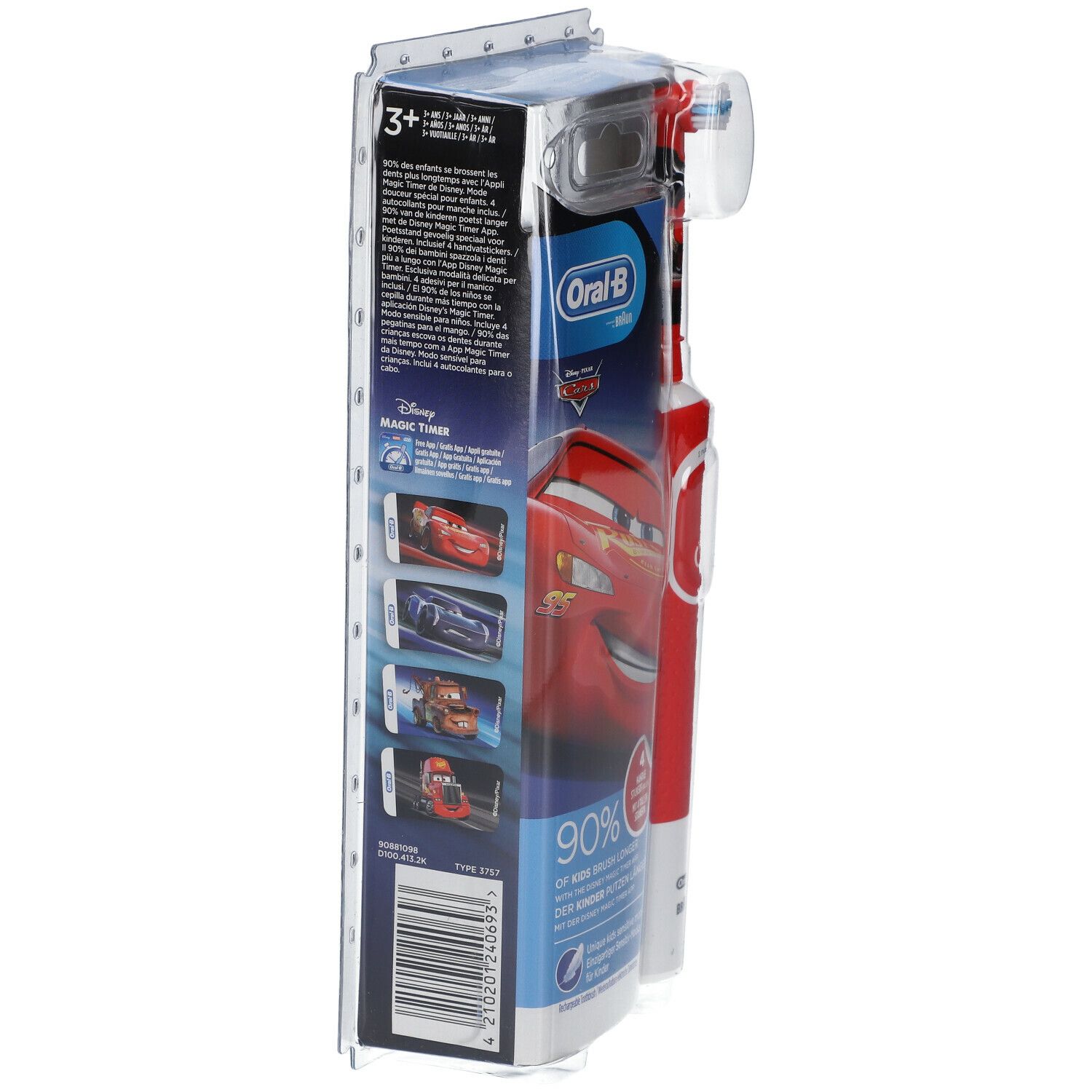 Emballage de la brosse à dents électrique pour enfants. Oral-B Kids, design Cars. Dos avec informations produit et code-barres. En blister.