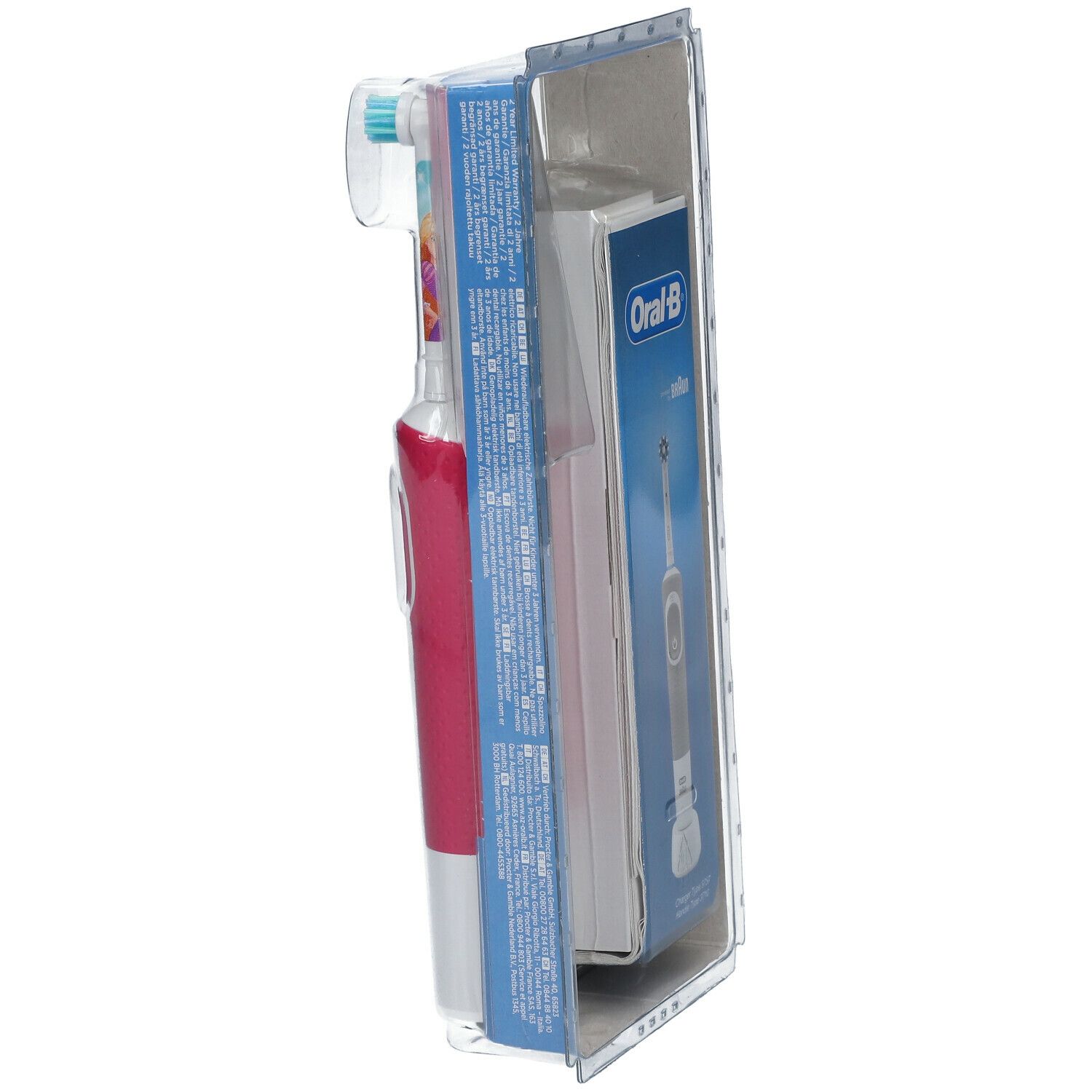 Brosse à dents électrique pour enfants dans son emballage, vue latérale. Rose, avec tête de brosse. Logo Oral-B.