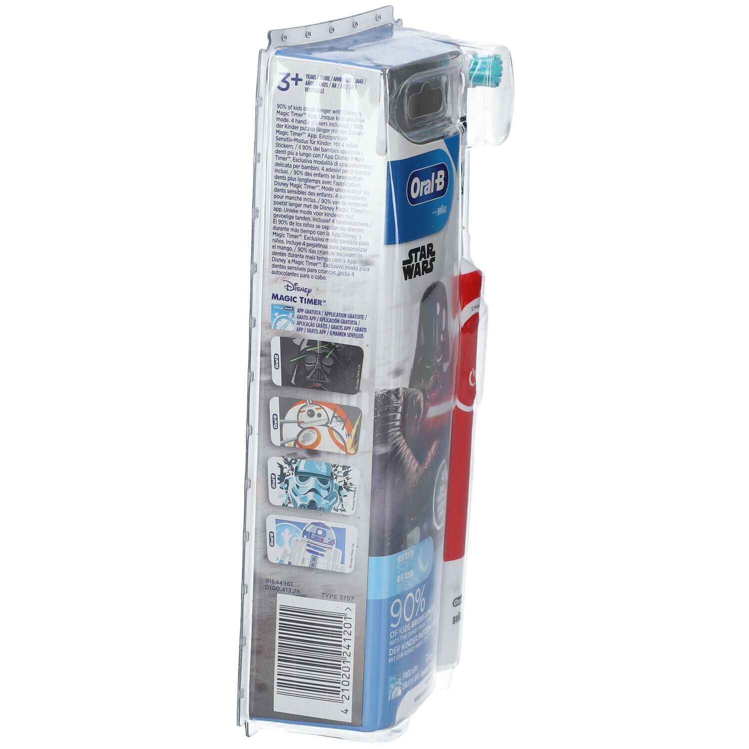 Verpackung der elektrischen Zahnbürste. Rückseite mit Produktinformationen und Star Wars-Motiven.