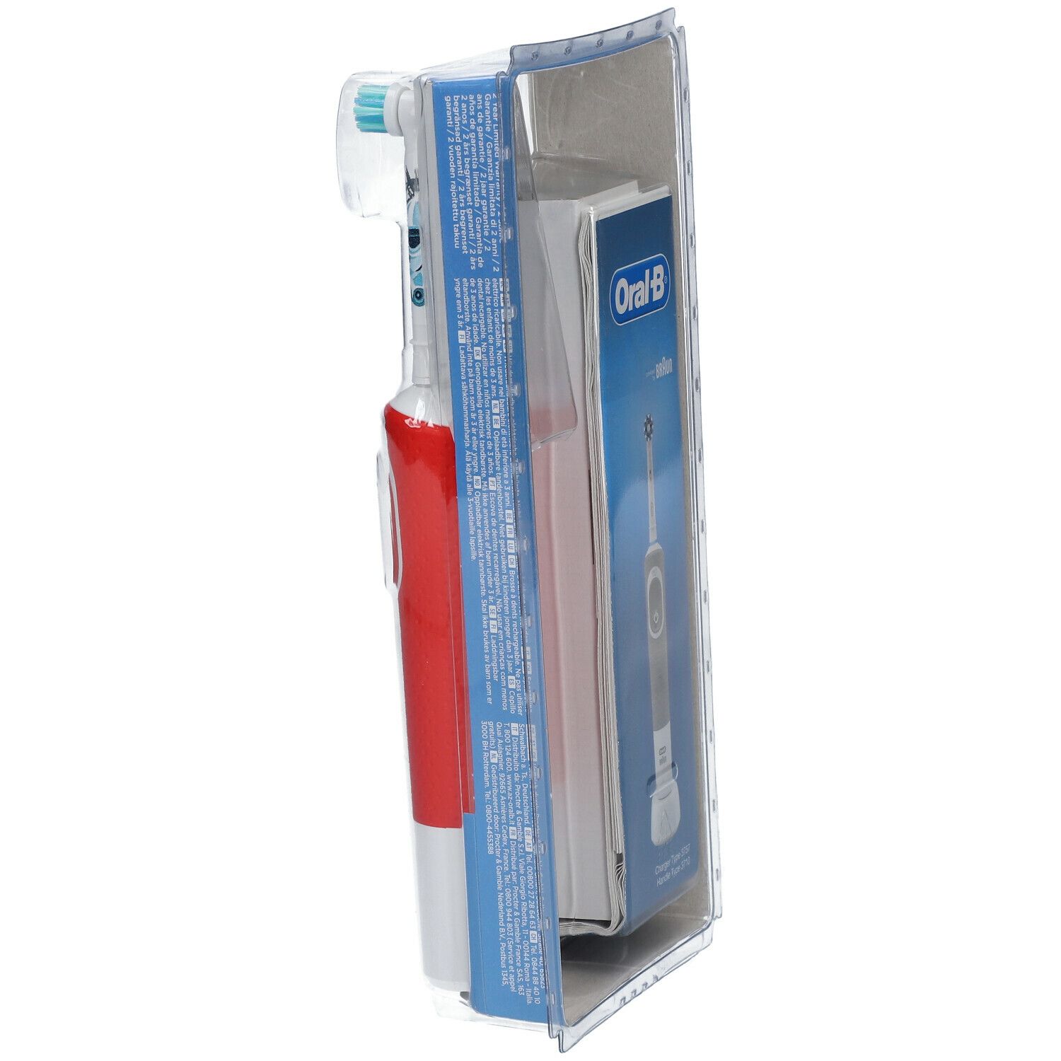 Elektrische Zahnbürste in Verpackung. Rote Bürste, weißer Griff, blaue Borsten. Verpackung mit Text.