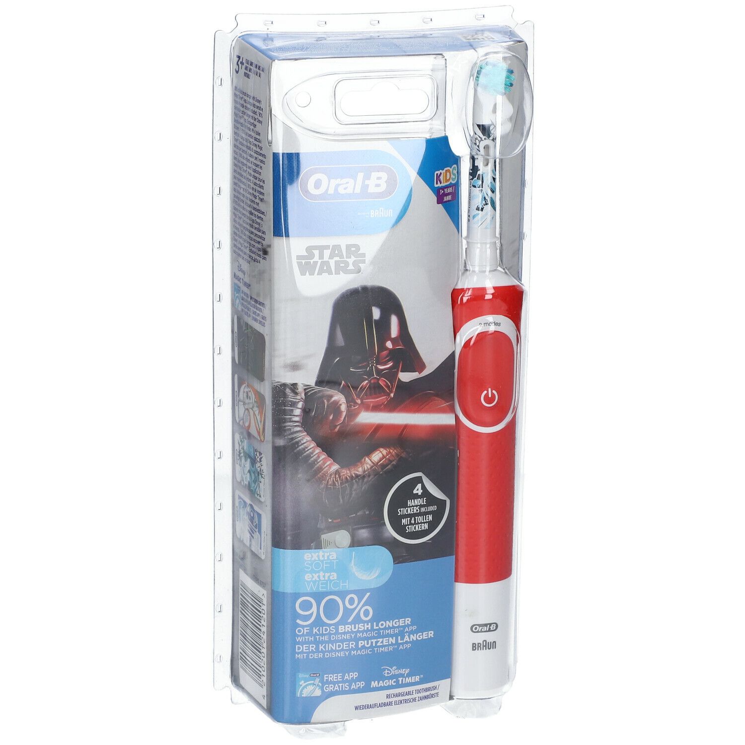 Elektrische Kinderzahnbürste, rot, mit Star Wars-Motiv und Verpackung. Oral-B Kids-Logo.