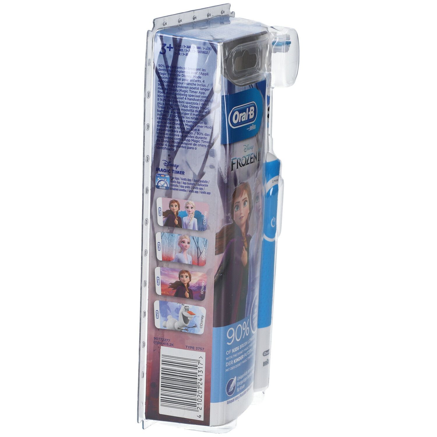 Verpackung der elektrischen Kinderzahnbürste. Seitenansicht. Disney-Motiv, Oral-B Logo, Produktinformationen.