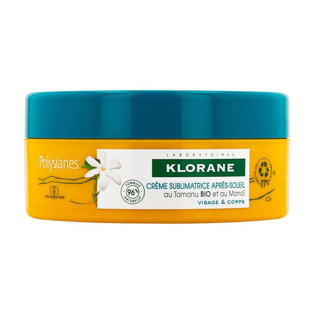 Gelbe Dose mit blauem Deckel. Aufschrift: Klorane Crème Après-Soleil. Mit 96% natürlichen Inhaltsstoffen.