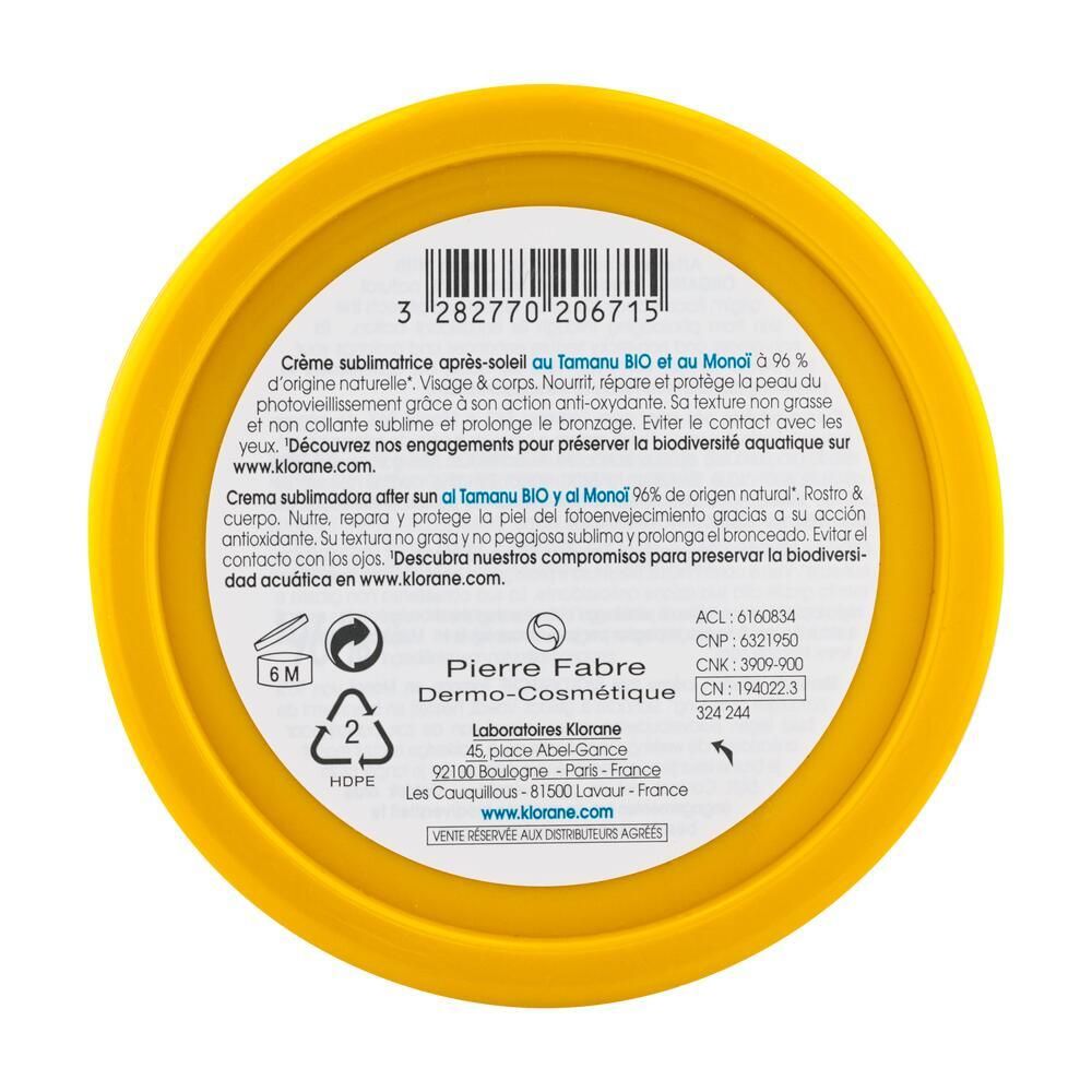 Gelber Deckelboden mit Produktinformationen. Text: Klorane Crème Après-Soleil. Hersteller: Pierre Fabre Dermo-Cosmétique.