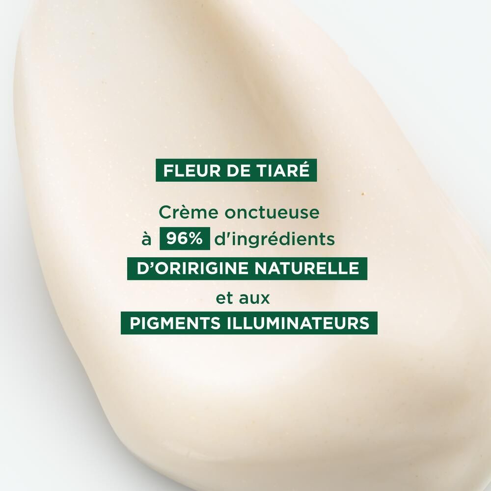 Nahaufnahme einer Creme. Text: Fleur de Tiaré, Creme mit 96% natürlichen Inhaltsstoffen und Pigmenten.