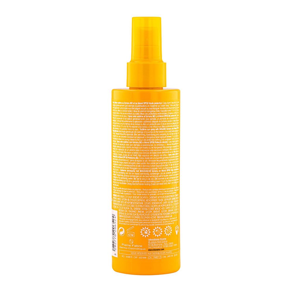 Rückseite einer gelben Sprühflasche mit Text. Aufschrift: Informationen zum Produkt und Inhaltsstoffe.