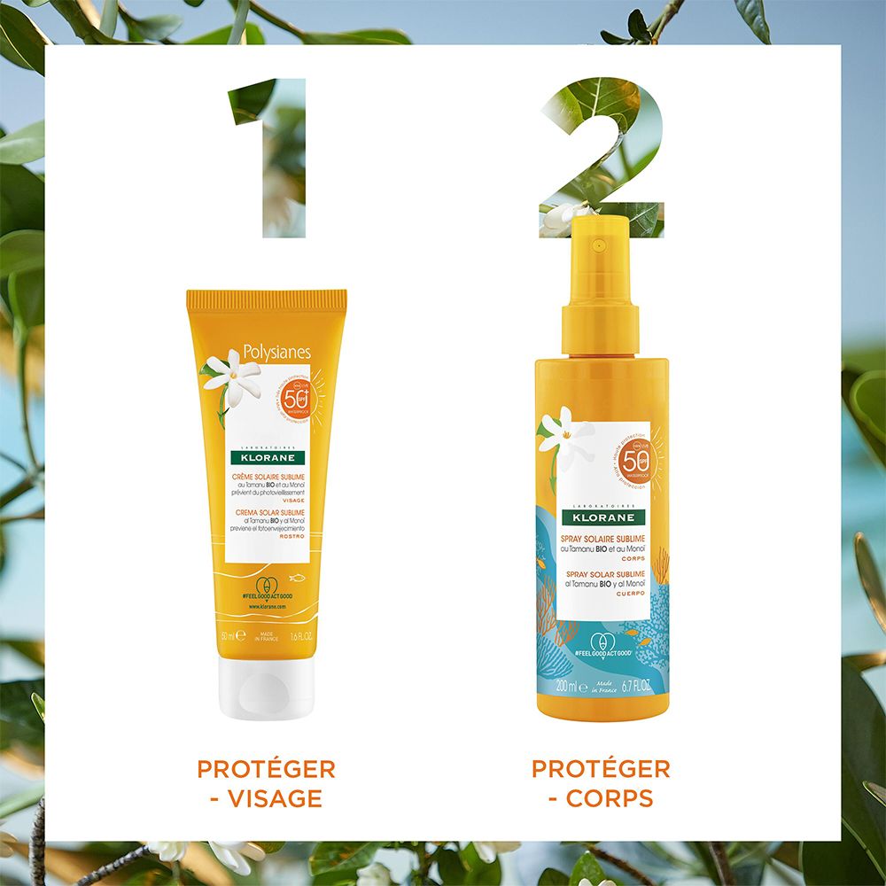 Zwei Produkte: Sonnencreme für das Gesicht und Sonnenspray für den Körper. Aufschrift: SPF 50. Schützen.