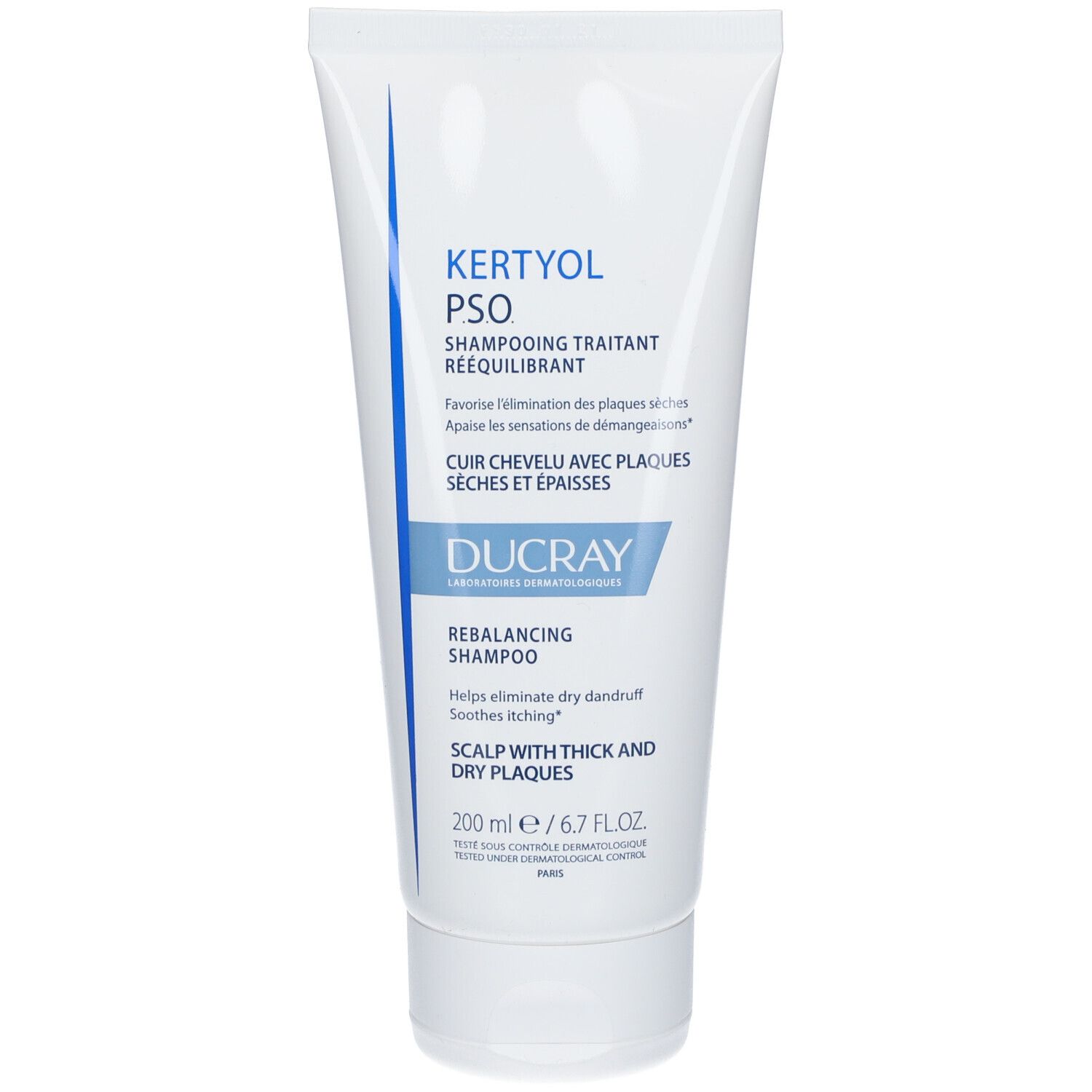 Tube de shampooing DUCRAY Kertyol PSO. Blanc, texte bleu. Contient 200 ml. Pour cuir chevelu avec plaques sèches.