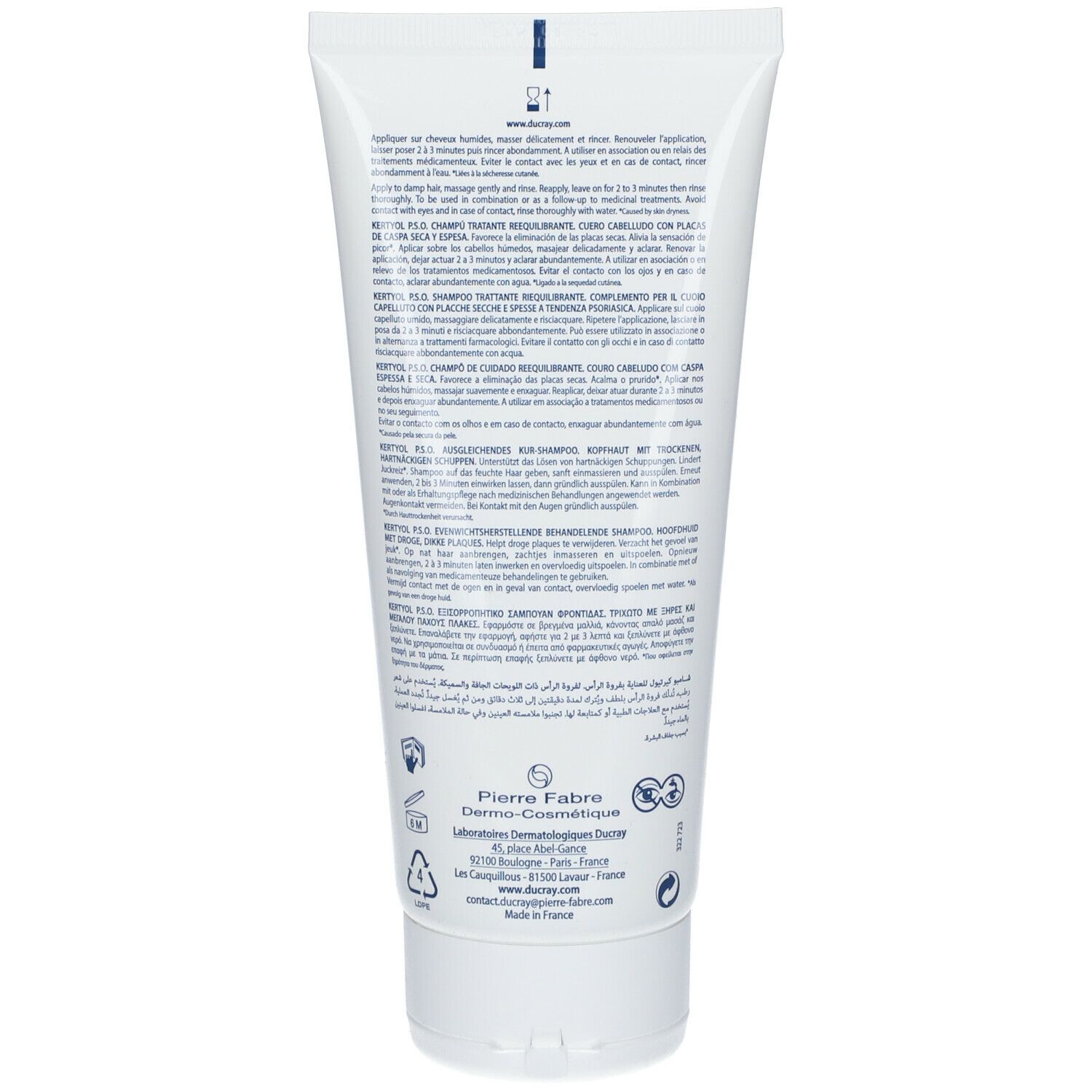 Dos du tube de shampooing DUCRAY Kertyol PSO. Texte multilingue. Contient des informations sur le produit.