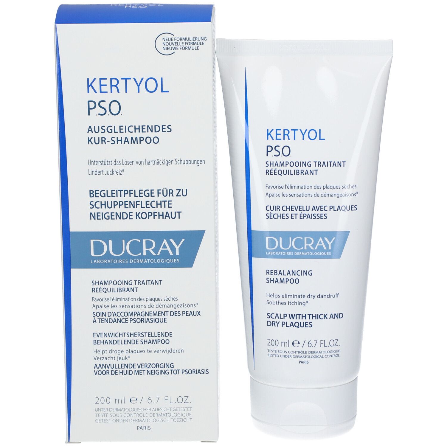 DUCRAY Kertyol PSO Shampoo et emballage. Tube et boîte. Couleurs bleu et blanc. 200 ml.