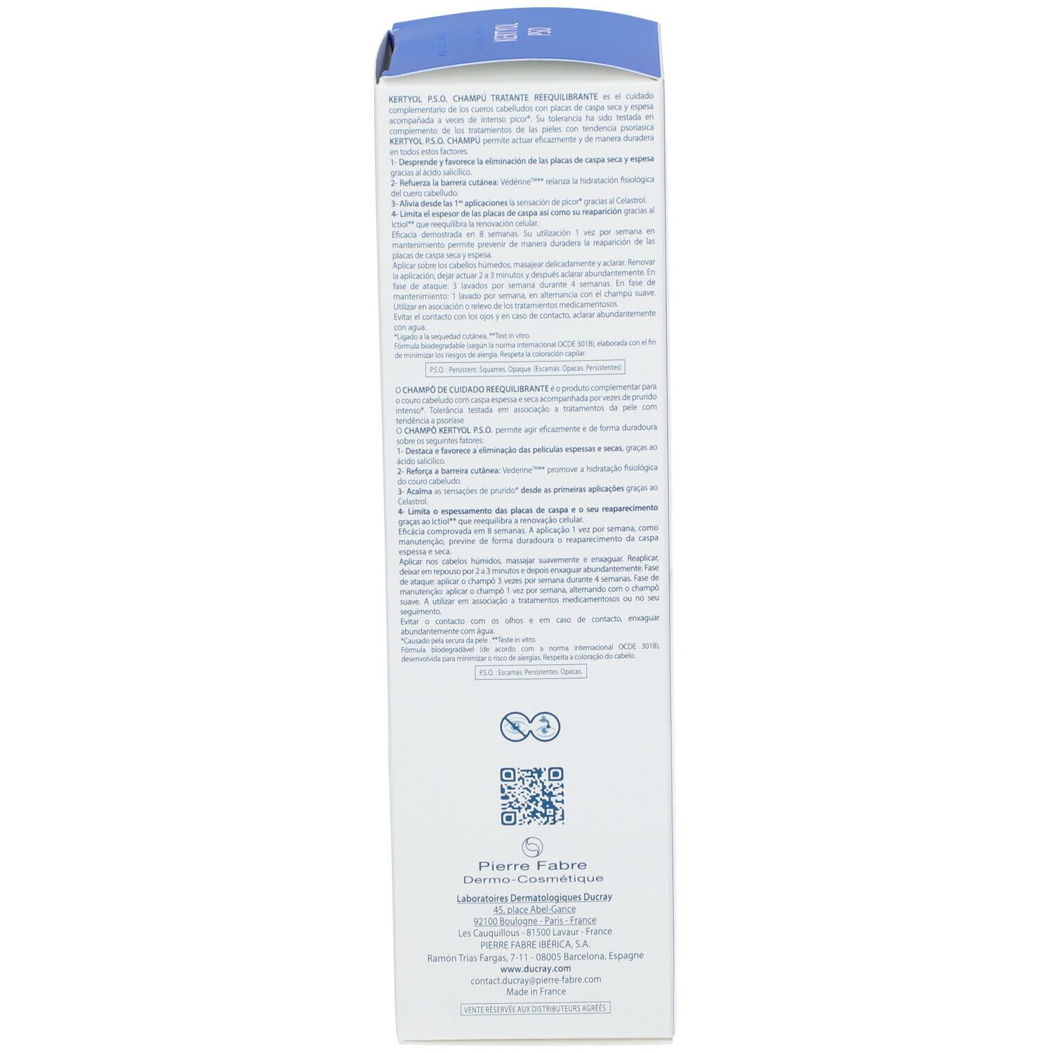 Dos de l'emballage du shampooing DUCRAY Kertyol PSO. Texte multilingue. Contient des informations.