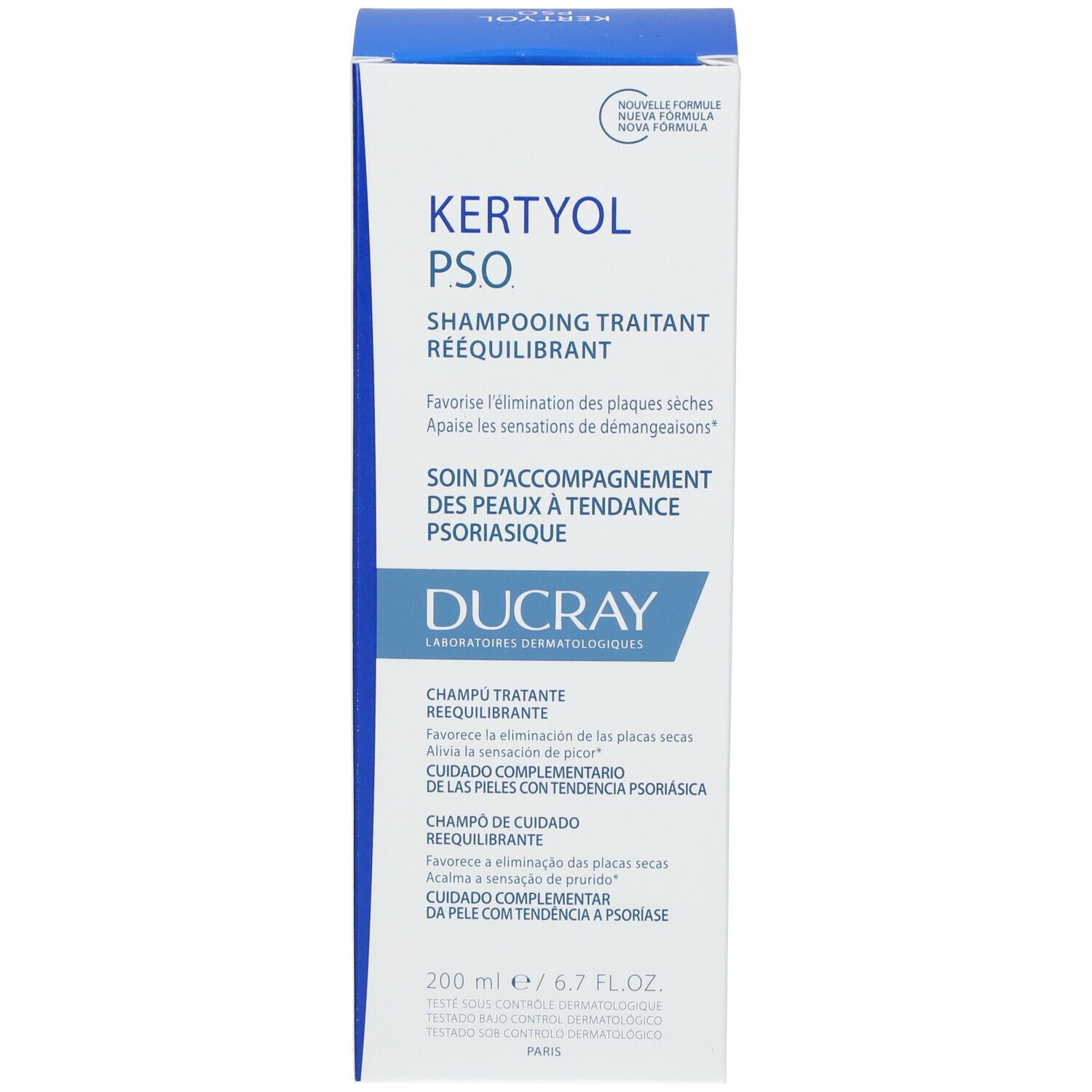 Emballage du shampooing DUCRAY Kertyol PSO. Couleurs bleu et blanc. Texte multilingue. 200 ml.