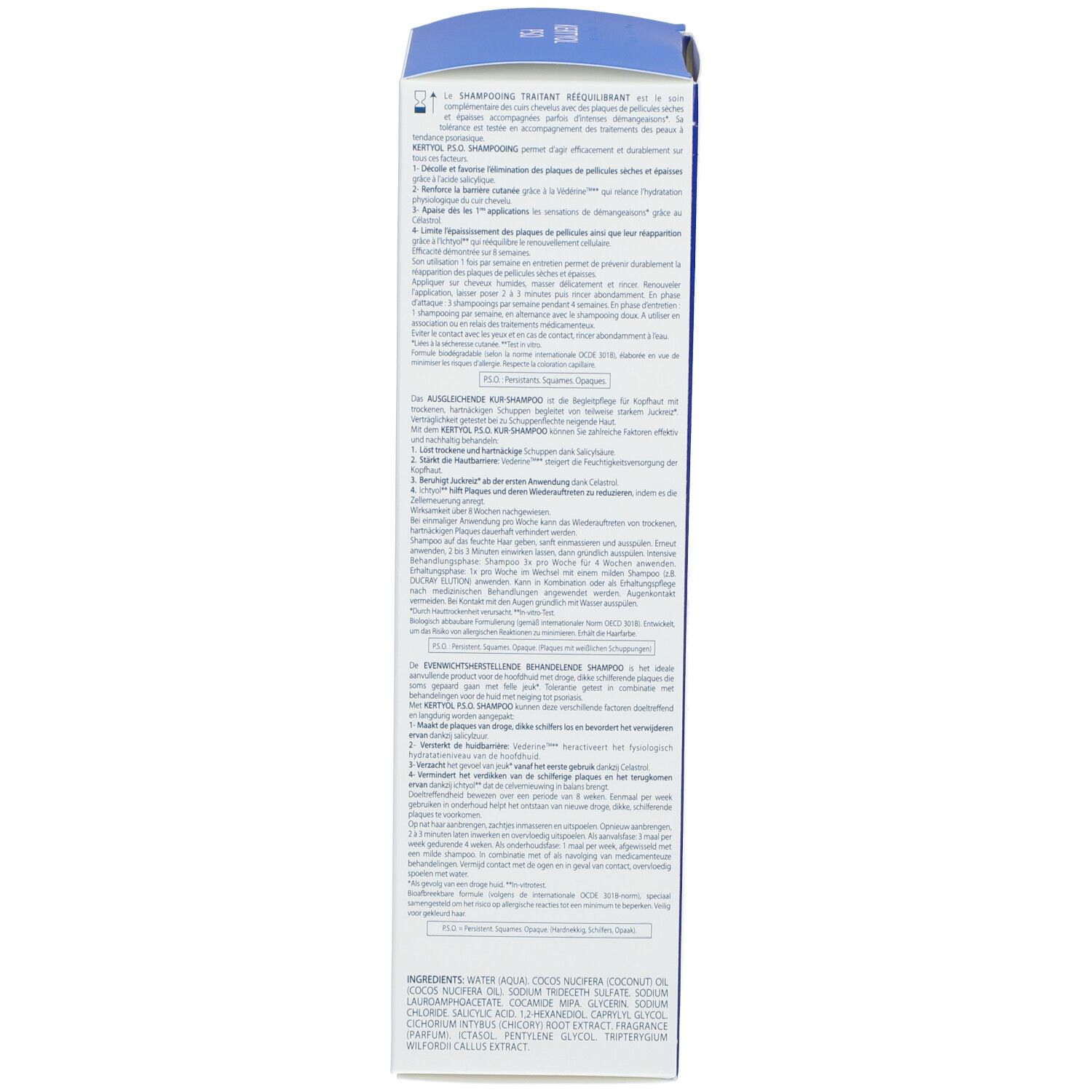 Dos de l'emballage du shampooing DUCRAY Kertyol PSO. Texte multilingue. Contient des informations.