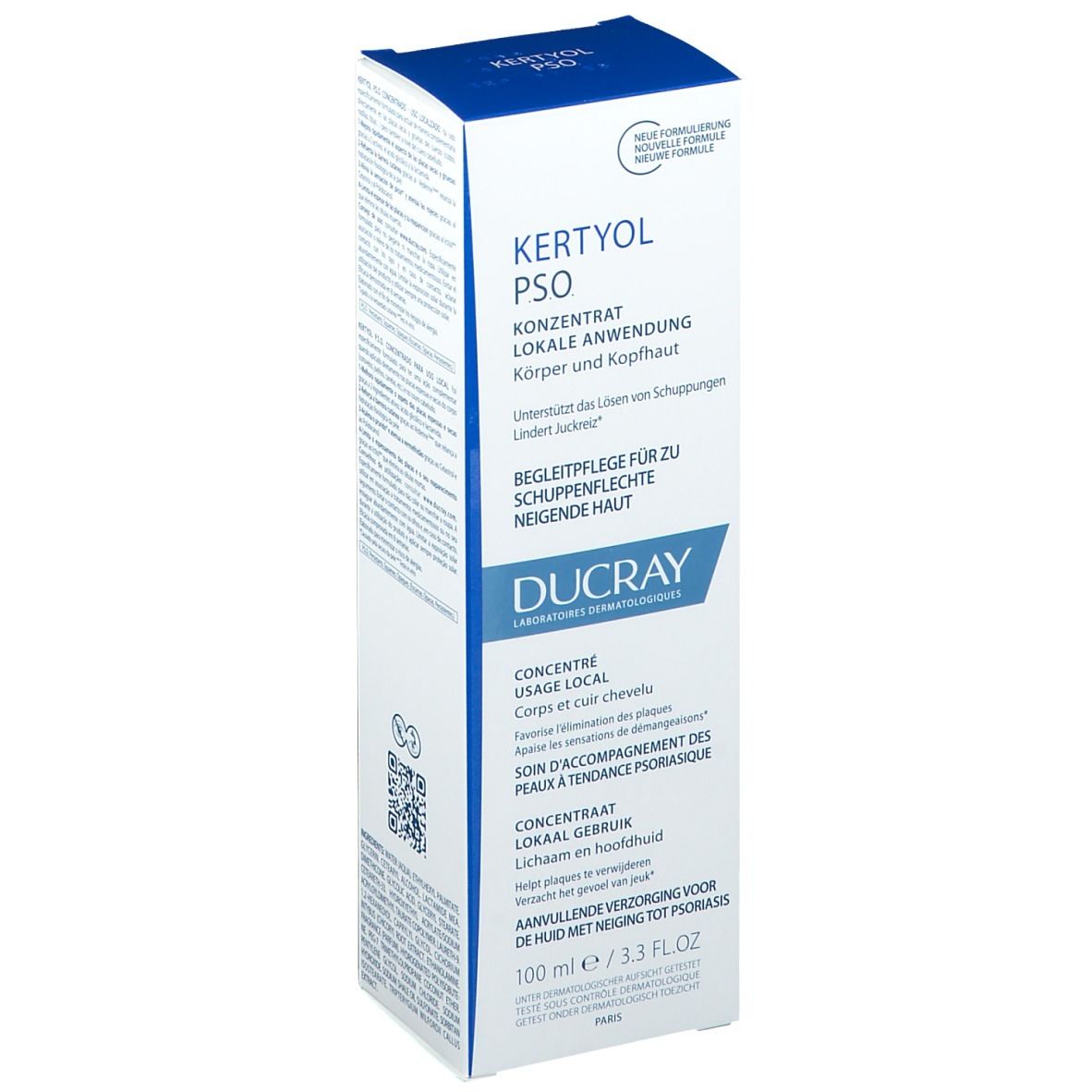 Emballage cartonné avec informations produit. Texte: Kertyol PSO Concentré, Ducray. 100 ml.