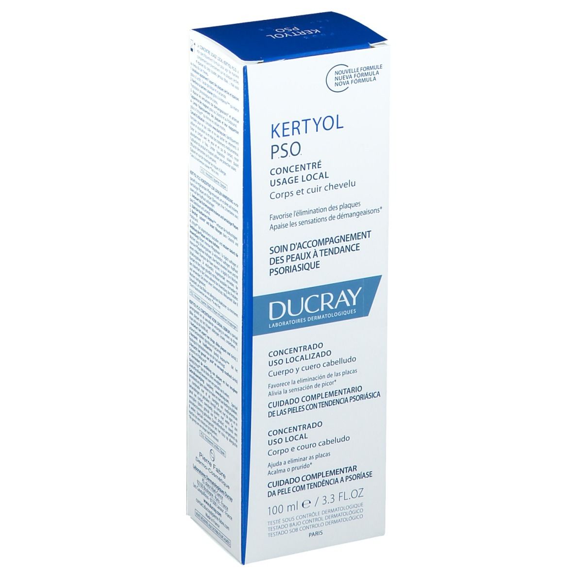 Emballage cartonné avec informations produit. Texte: Kertyol PSO Concentré, Ducray. 100 ml.