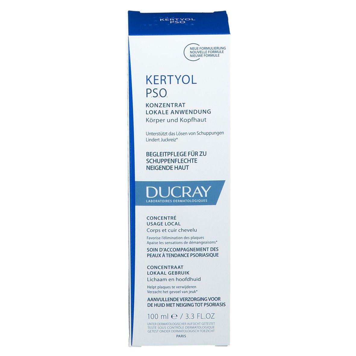 Emballage cartonné avec informations produit. Texte: Kertyol PSO Concentré, Ducray. 100 ml.