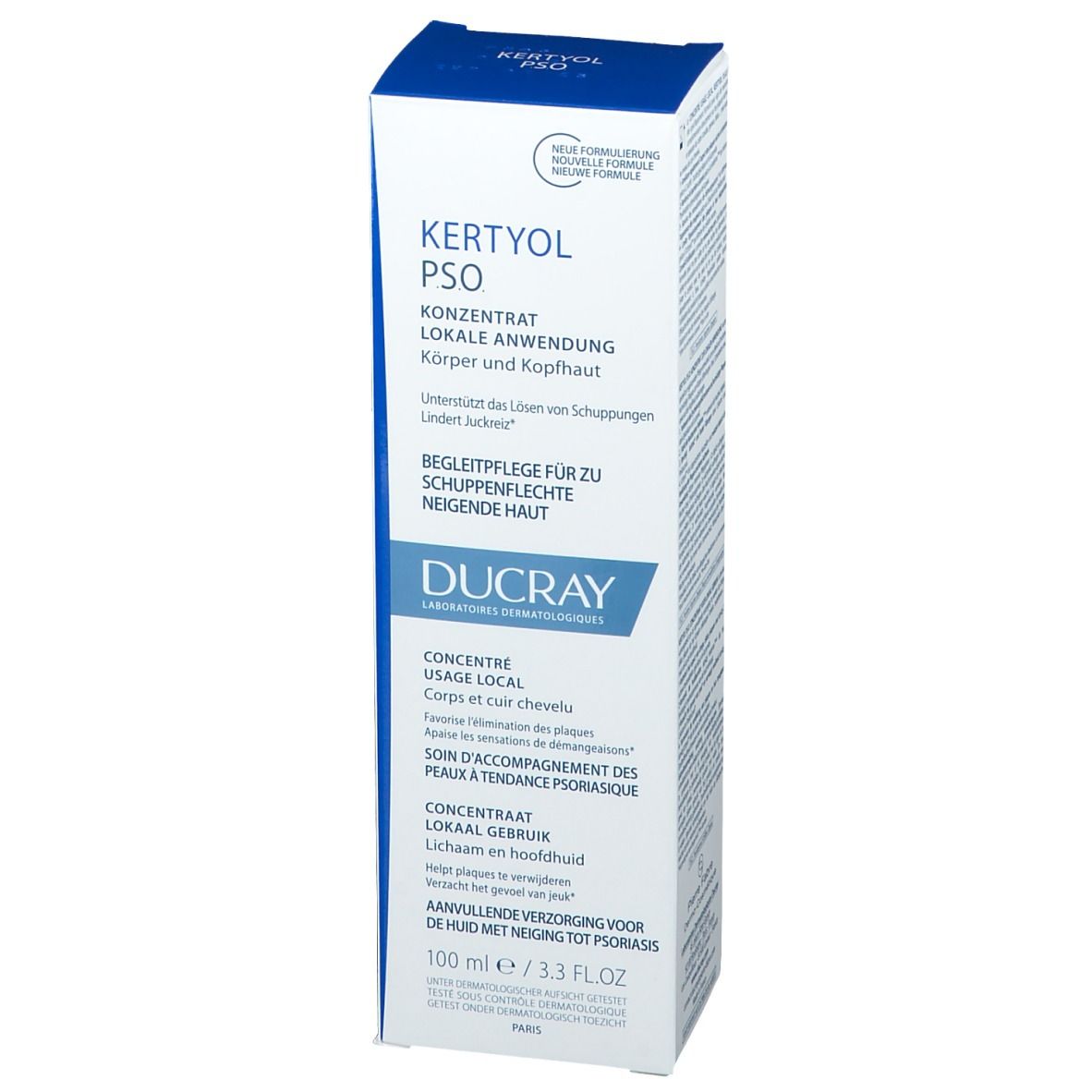 Emballage cartonné avec informations produit. Texte: Kertyol PSO Concentré, Ducray. 100 ml.