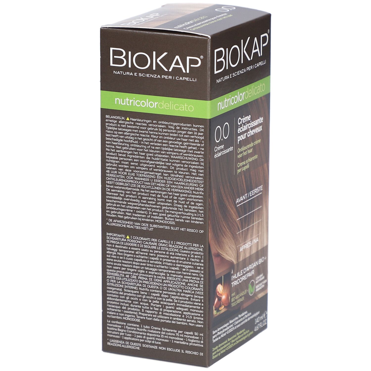 BIOKAP Nutricolor Delicato Crème, 0.0. Boîte avec texte. Vue latérale.