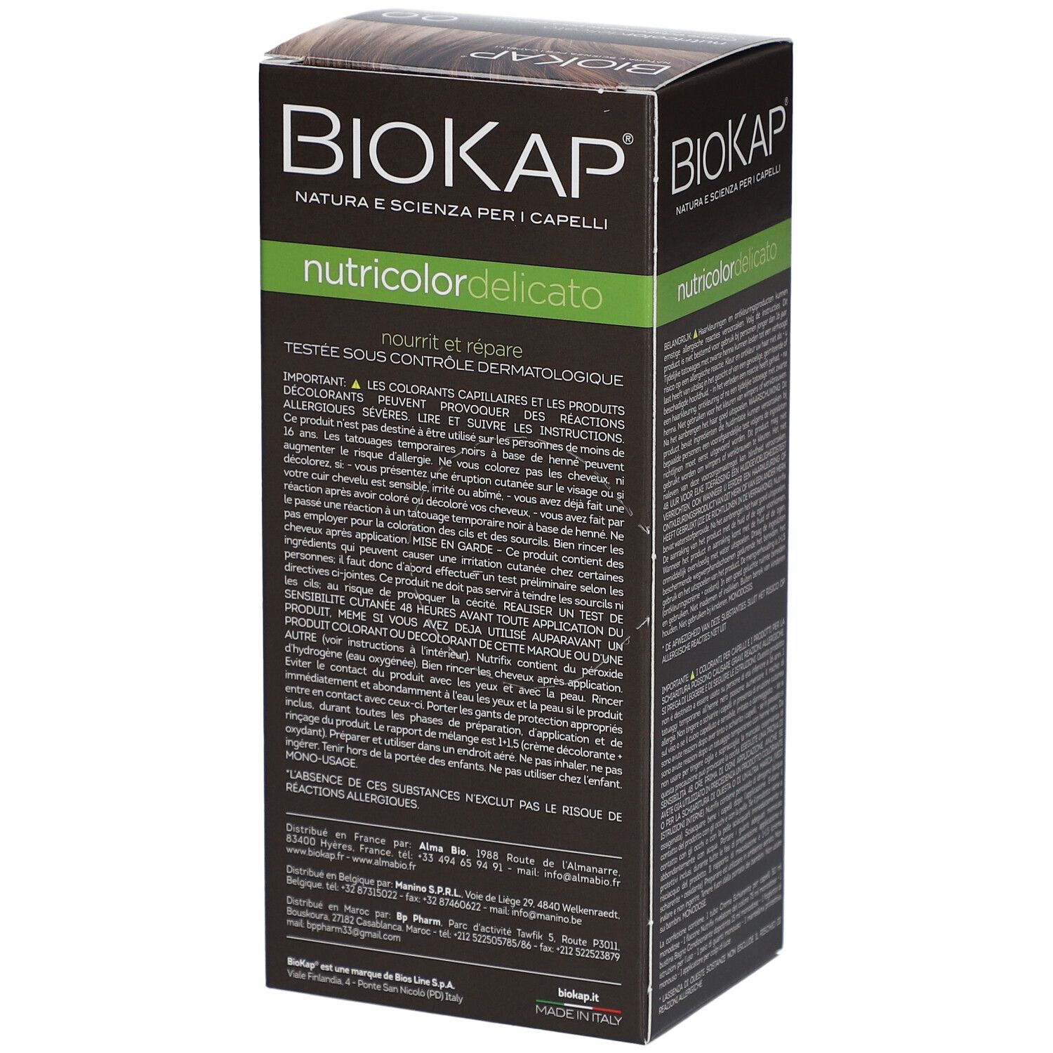 BIOKAP Nutricolor Delicato Crème, 0.0. Boîte avec texte. Vue latérale.