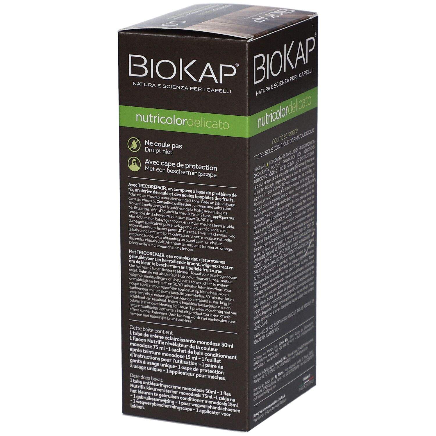 BIOKAP Nutricolor Delicato Crème, 0.0. Boîte avec texte. Vue latérale.
