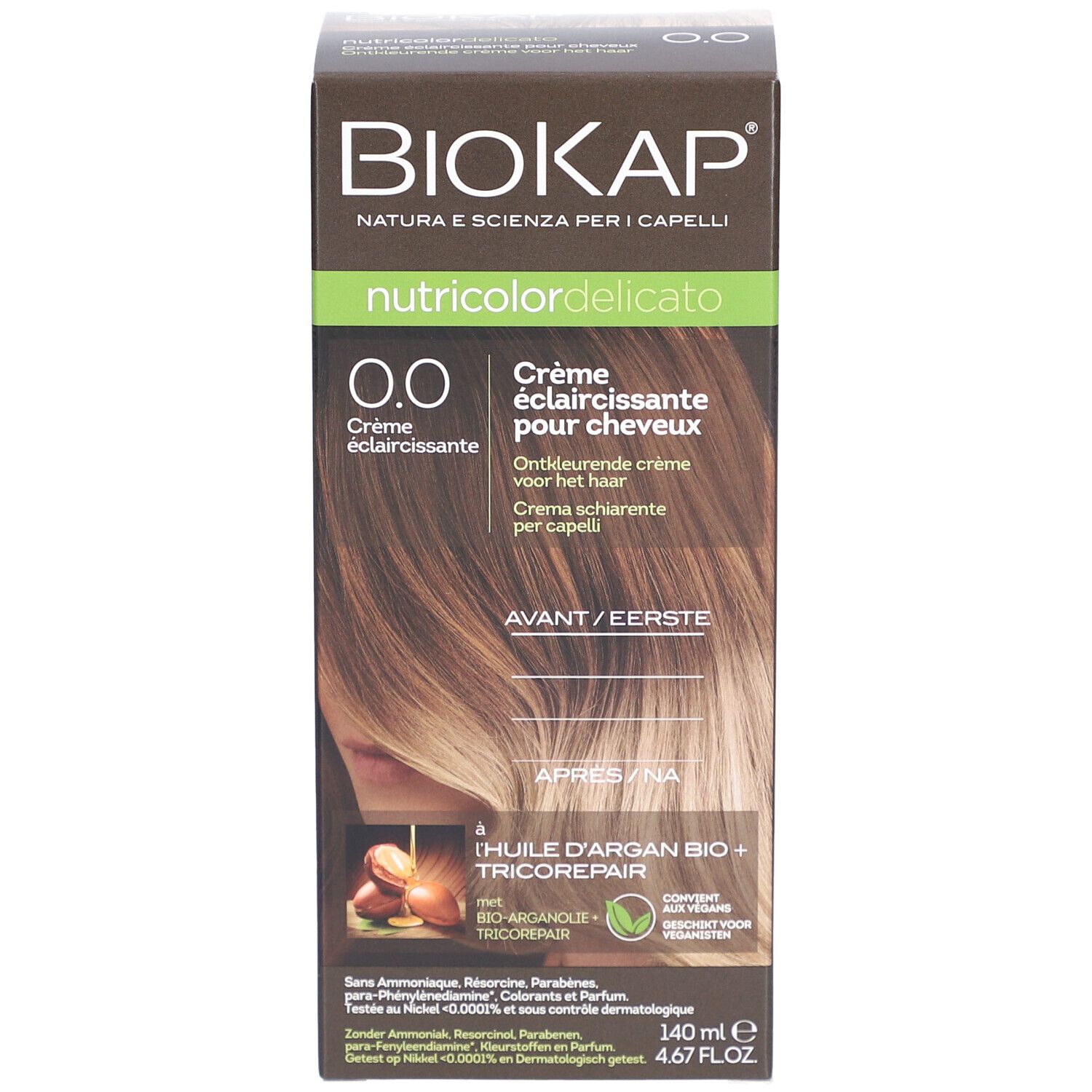 BIOKAP Nutricolor Delicato Crème, 0.0. Boîte avec image et texte. Vue de face.