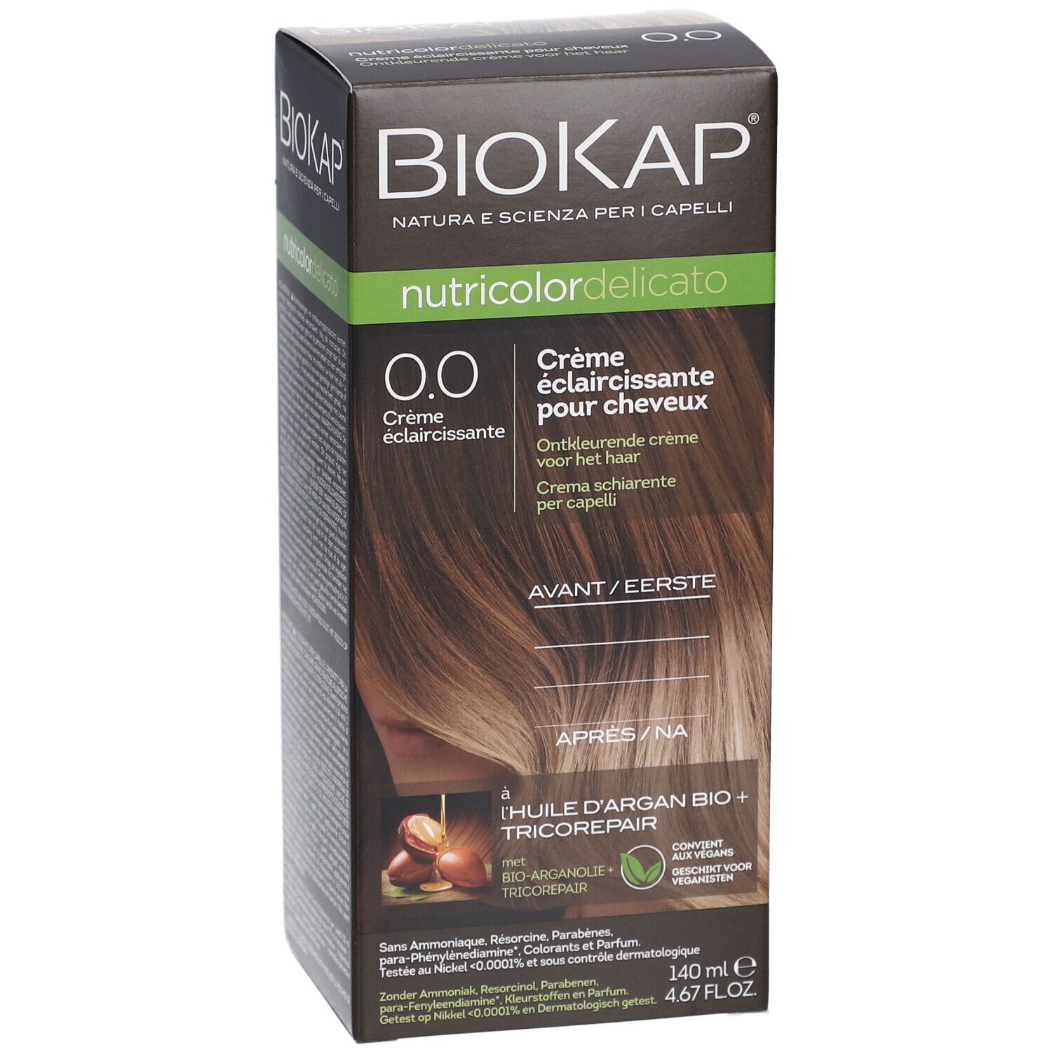 BIOKAP Nutricolor Delicato Crème, 0.0. Boîte avec image et texte. Vue de face.