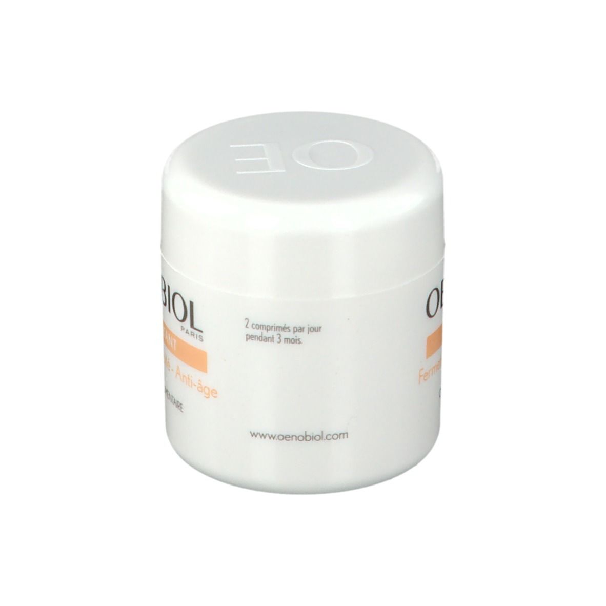 Pot cylindrique blanc avec couvercle. Inscription OENOBIOL, LIFT ÉCLATANT. Dos: 2 comprimés par jour pendant 3 mois. www.oenobiol.com.