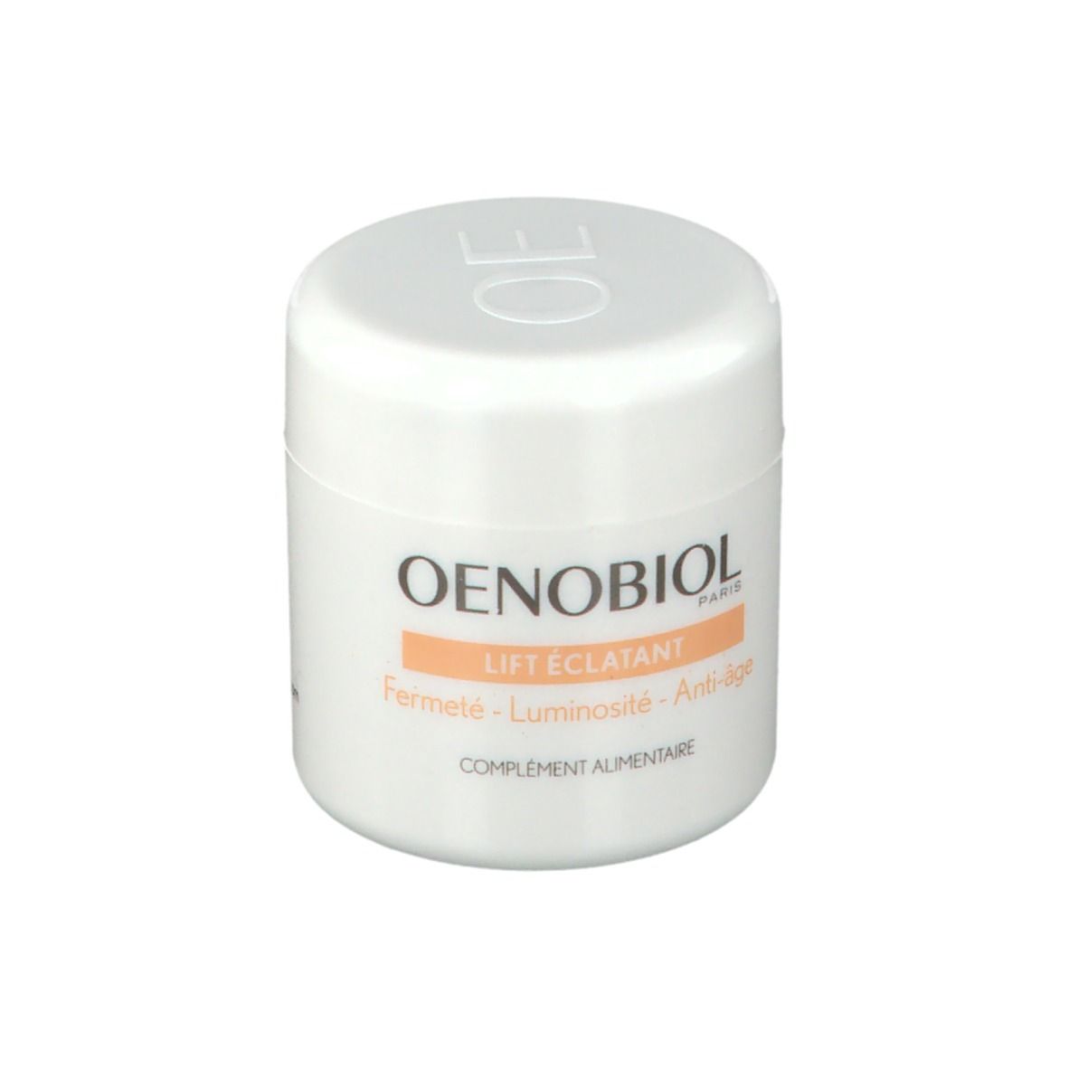 Pot cylindrique blanc avec couvercle. Inscription OENOBIOL, LIFT ÉCLATANT, Fermeté - Luminosité - Anti-âge. Complément alimentaire.