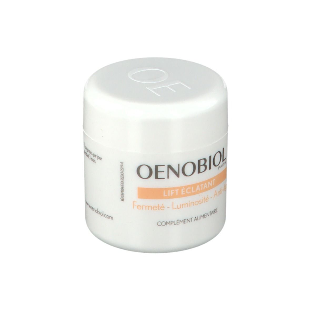 Pot cylindrique blanc avec couvercle. Inscription OENOBIOL, LIFT ÉCLATANT, Fermeté - Luminosité - Anti-âge. Complément alimentaire. www.oenobiol.com.