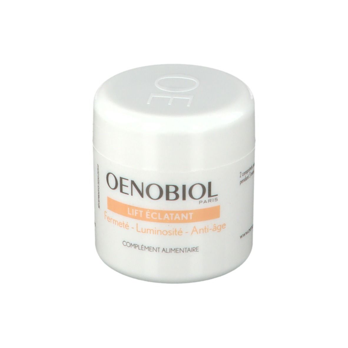 Pot cylindrique blanc avec couvercle. Inscription OENOBIOL, LIFT ÉCLATANT, Fermeté - Luminosité - Anti-âge. Complément alimentaire.
