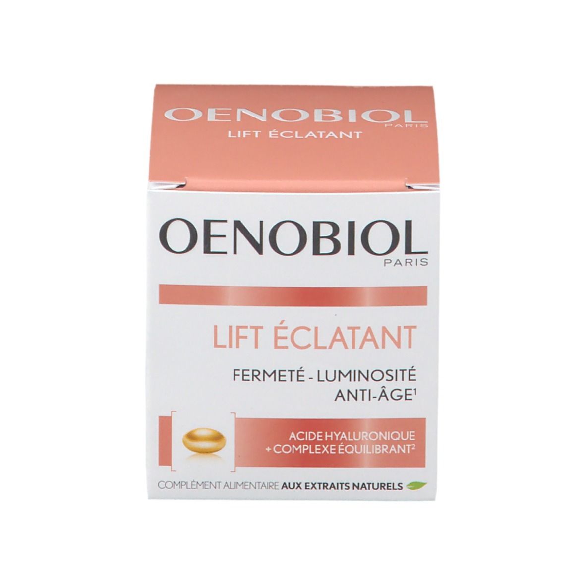 Emballage du produit. Inscription OENOBIOL, LIFT ÉCLATANT, Fermeté - Luminosité - Anti-âge. Complément alimentaire. Illustration de gélule.