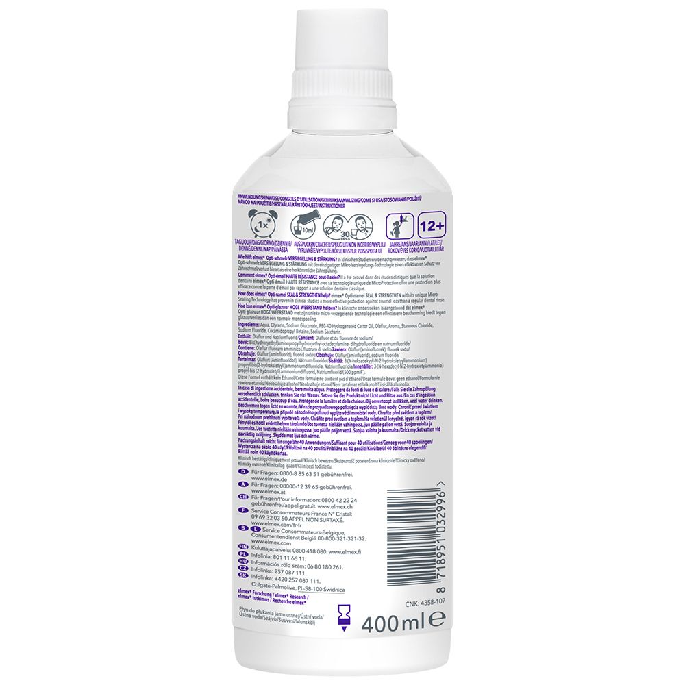 Achterkant van de Elmex Opti-schmelz Professional fles. Tekst in verschillende talen. 400ml.