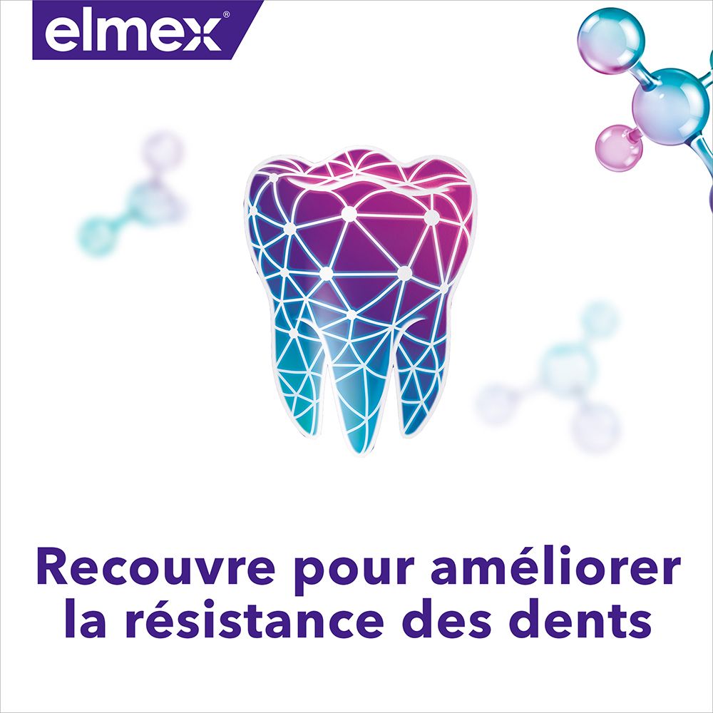 Afbeelding: tand met blauw-paars netwerkpatroon. Tekst: Recouvre pour améliorer la résistance des dents.