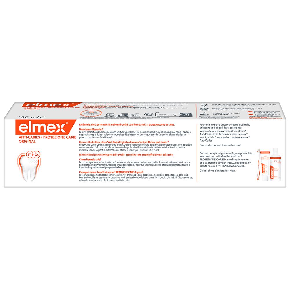 Rückseite der Elmex Anti-Karies Zahnpasta-Verpackung. Text in mehreren Sprachen. Zahnsymbol.