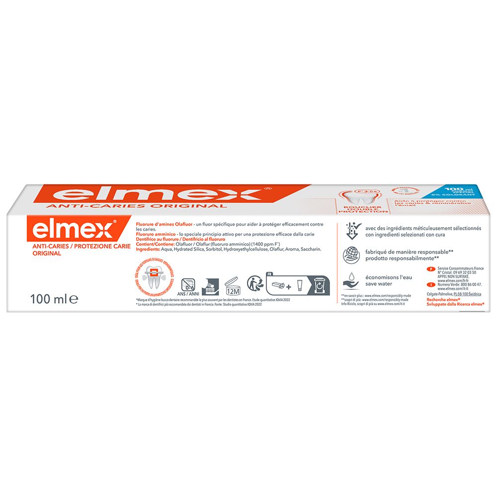 Rückseite der Elmex Anti-Karies Zahnpasta-Verpackung. Inhaltsstoffe und Symbole. 100 ml.