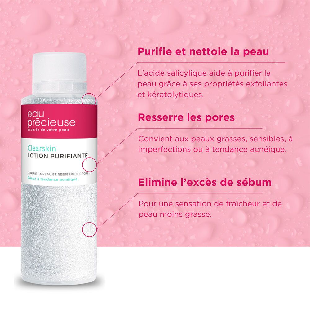 Un flacon de lotion nettoyante. Inscription: Eau précieuse, Clearskin, Lotion purifiante. Texte avec avantages produit.