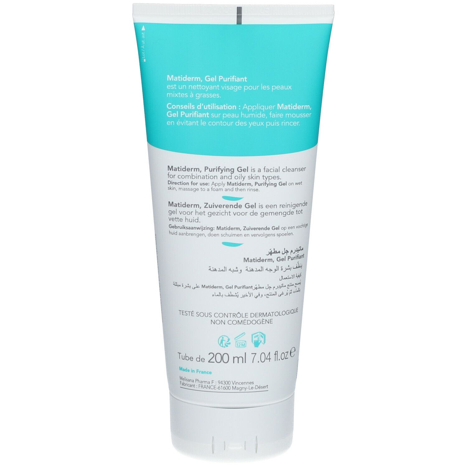 Dos du tube Dermagor Matiderm Gel Purifiant. Texte multilingue. Volume: 200 ml, 7.04 fl.oz. Fabriqué en France.