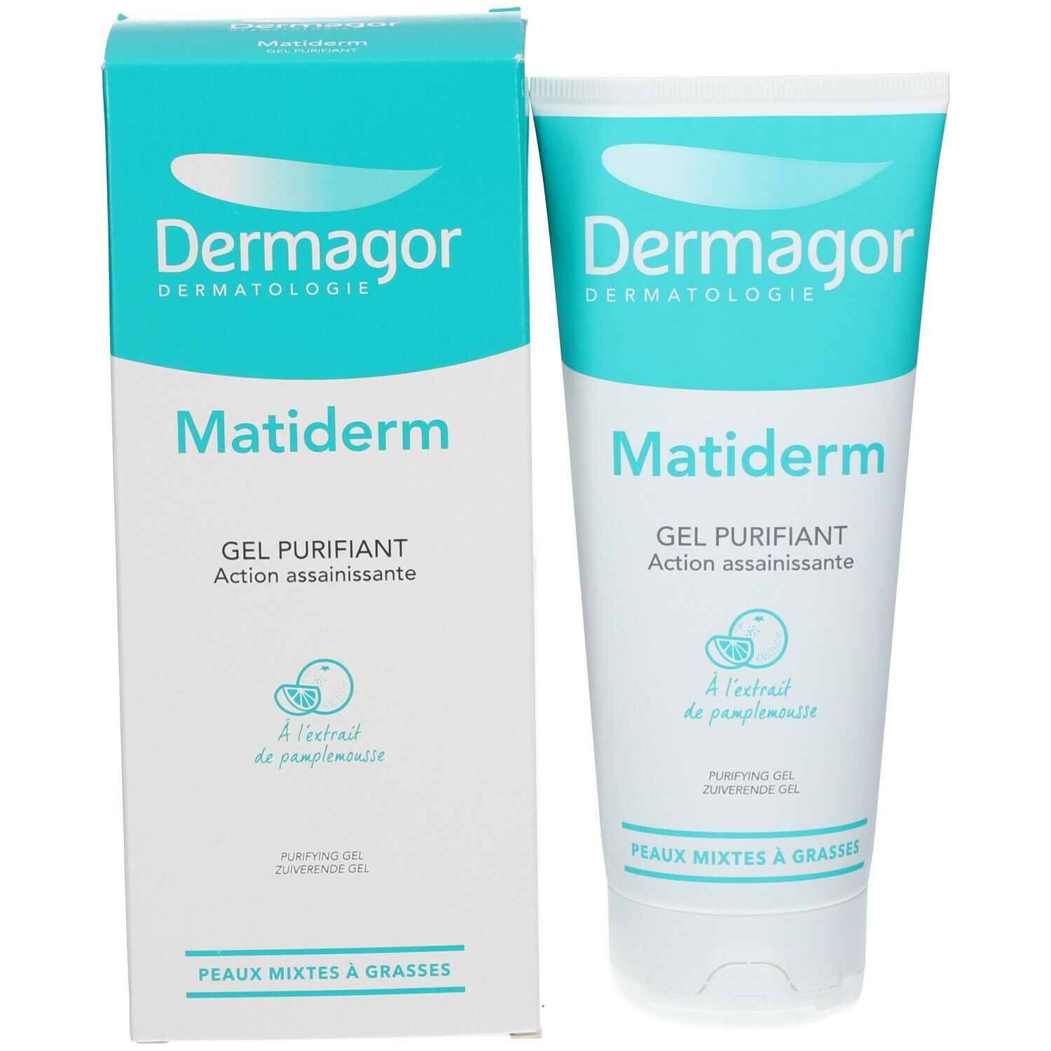 Tube et boîte Dermagor Matiderm Gel Purifiant. Design turquoise et blanc. Texte: Gel Purifiant, Peaux mixtes à grasses. Extrait de pamplemousse.