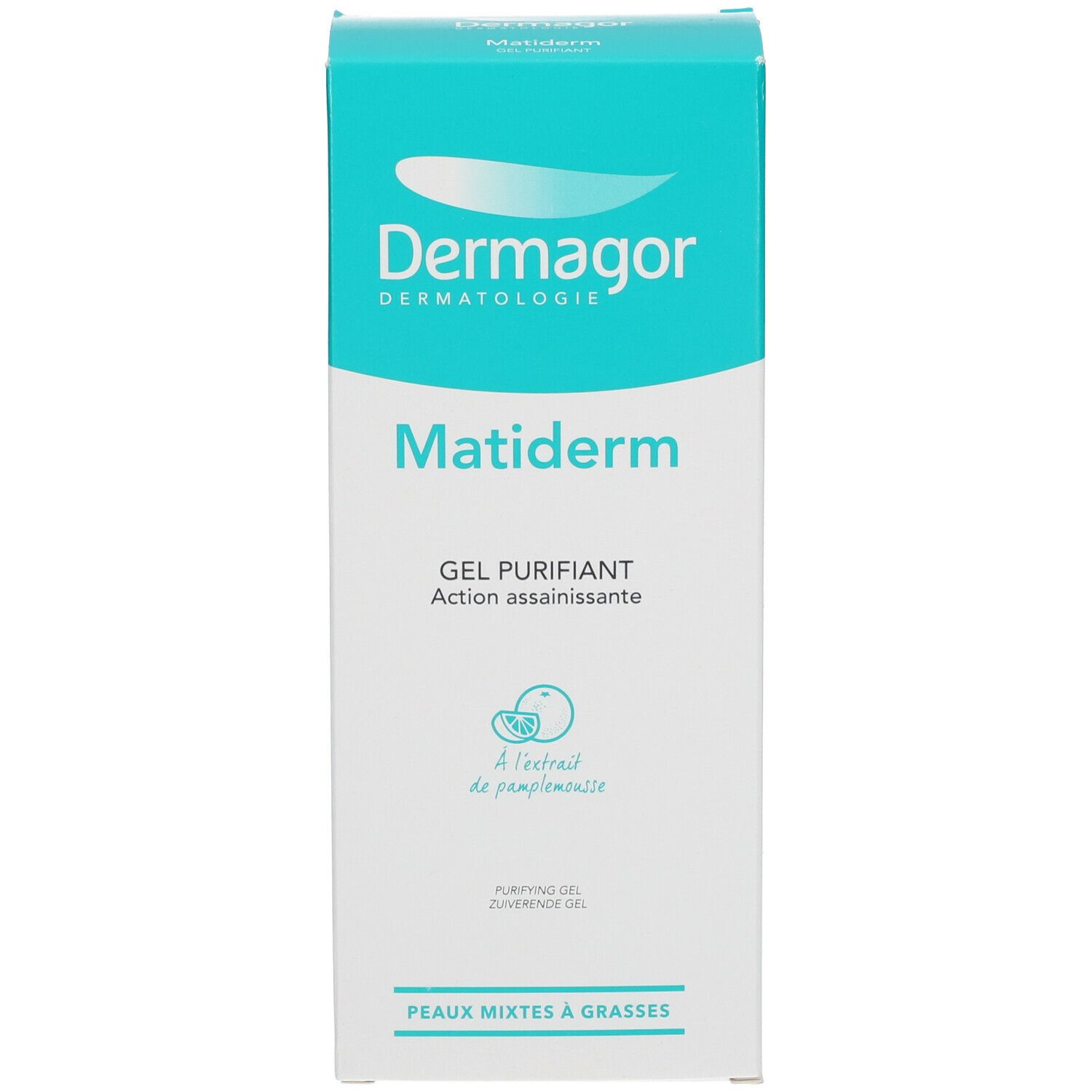 Boîte Dermagor Matiderm Gel Purifiant. Design turquoise et blanc. Texte: Gel Purifiant, Peaux mixtes à grasses. Extrait de pamplemousse.