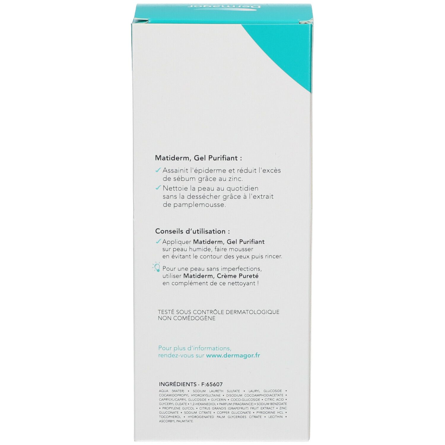 Détail de la boîte Dermagor Matiderm. Texte: Gel Purifiant, ingrédients, conseils d'utilisation. Non comédogène.