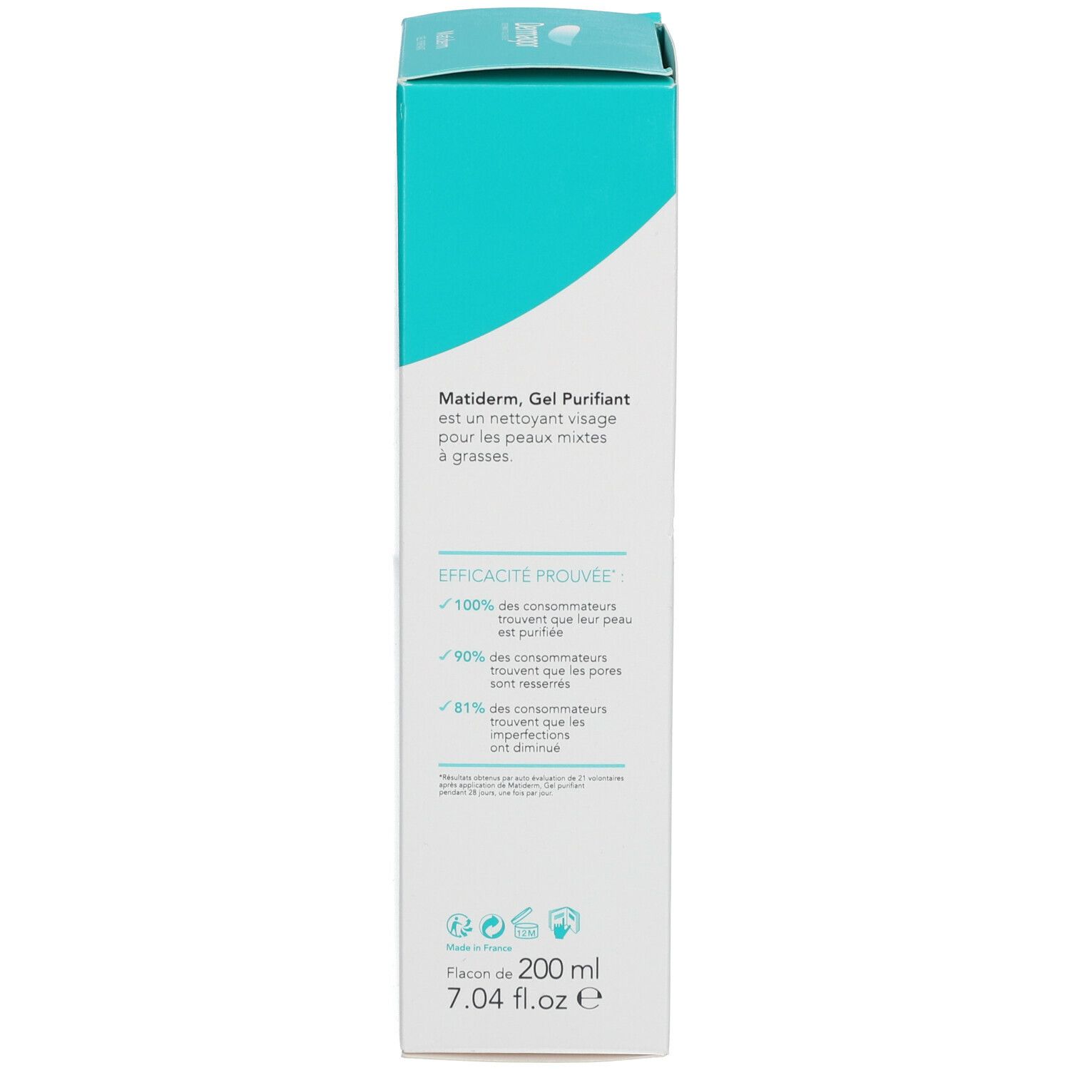 Détail de la boîte Dermagor Matiderm. Texte: Gel Purifiant, 200 ml, 7.04 fl.oz. Efficacité prouvée. Non comédogène.