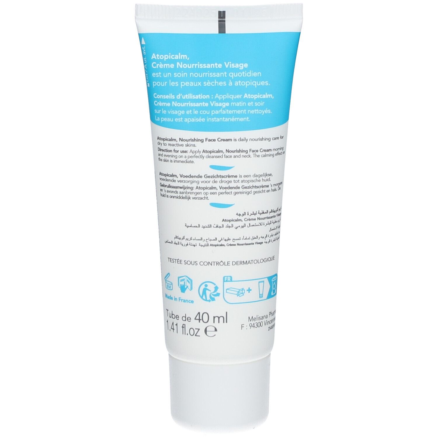 Rückseite der Creme-Tube. Text: Atopicalm, Crème Nourrissante Visage. Anweisungen auf Französisch, Englisch und Niederländisch. Volumen: 40 ml.