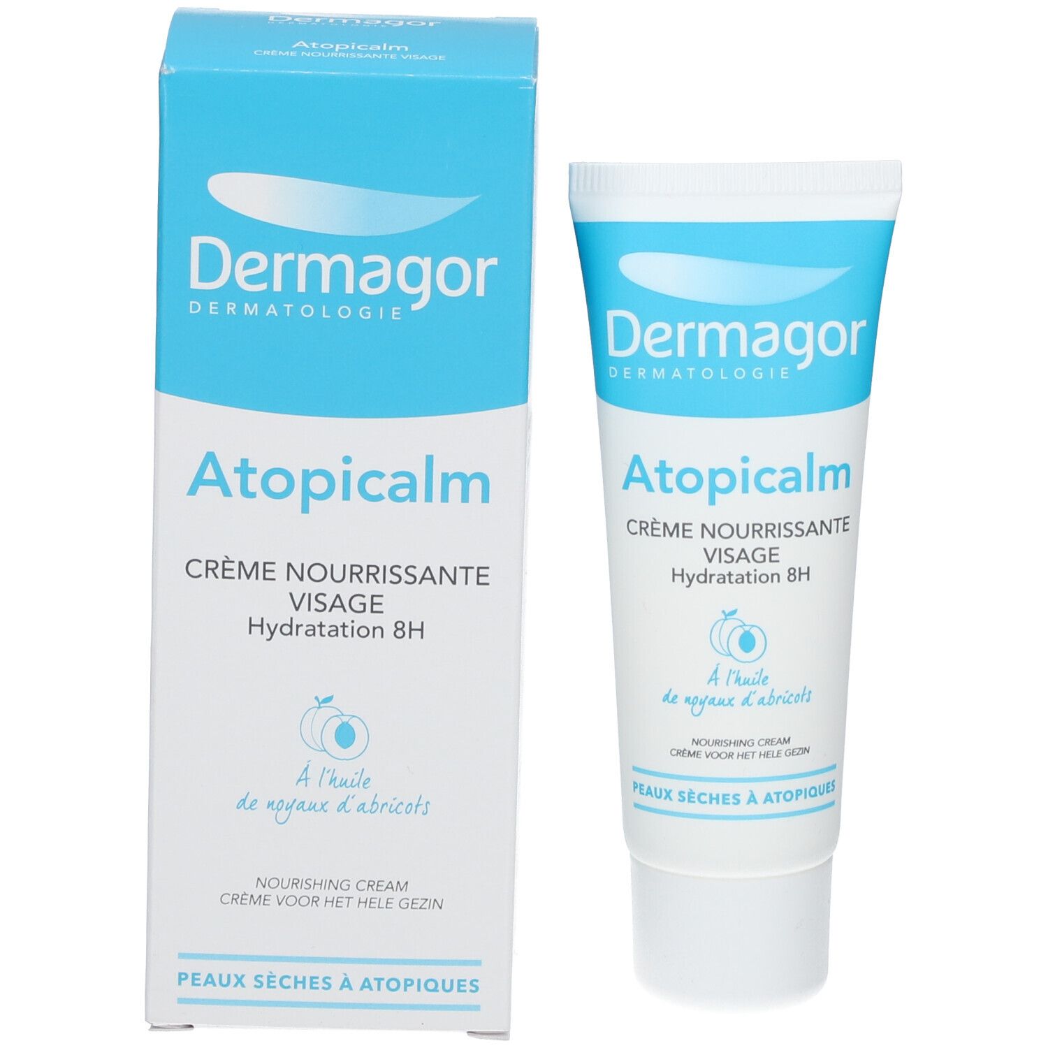 Produktverpackung und Tube. Verpackung: blau-weiß, Text: Dermagor, Atopicalm, Crème Nourrissante Visage. Tube: identisch, neben der Verpackung.