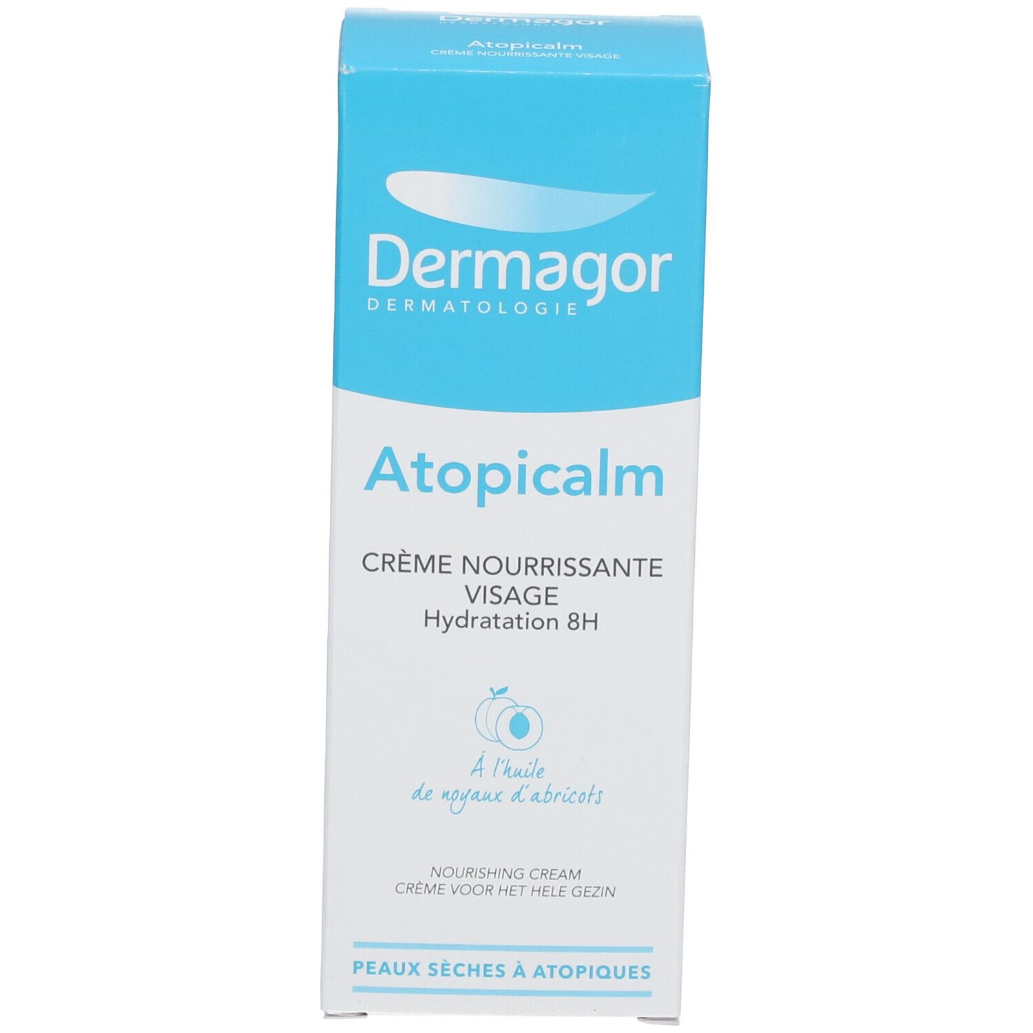Blaue und weiße Produktverpackung. Text: Dermagor, Atopicalm, Crème Nourrissante Visage. Für trockene, atopische Haut. Mit Aprikosenöl.