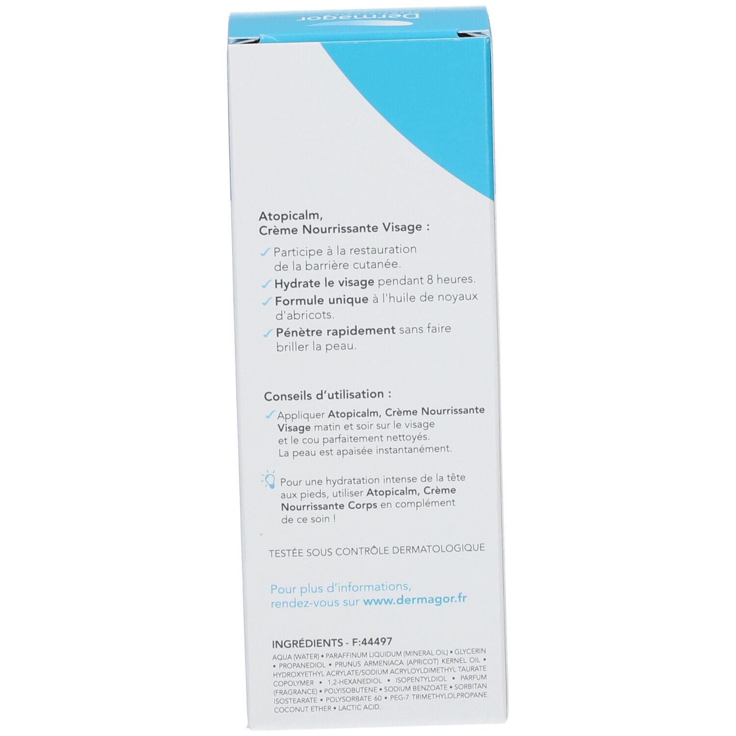 Seite der Produktverpackung. Text: Atopicalm, Crème Nourrissante Visage. Inhaltsstoffe und Anweisungen auf Französisch.