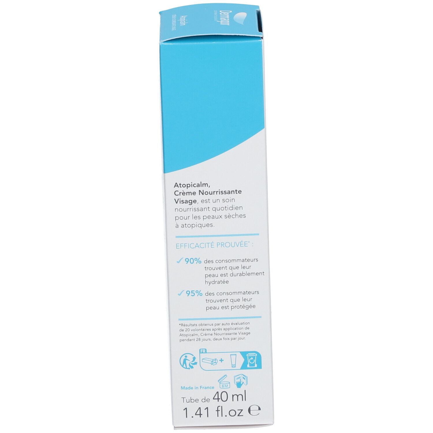 Seite der Produktverpackung. Text: Atopicalm, Crème Nourrissante Visage. Informationen über Wirksamkeit und Volumen: 40 ml.
