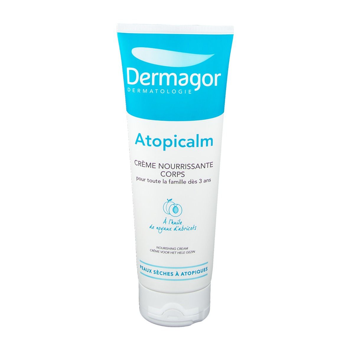 Weiß-blaue Tube Dermagor Atopicalm Creme. Aufschrift: Atopicalm, Crème Nourrissante Corps. Für trockene, atopische Haut.
